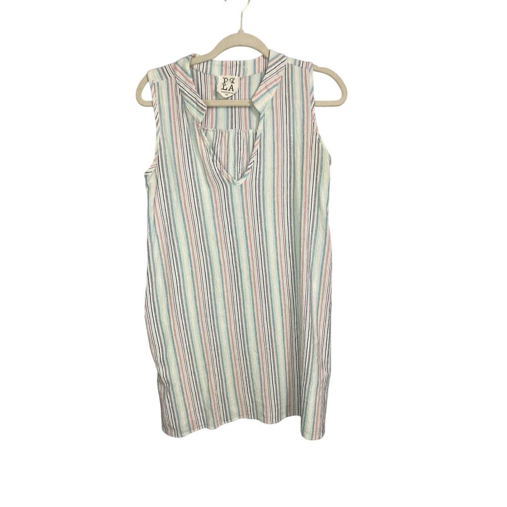 PPLA Clothing XS Striped Sleeveless Tunic Top Blue Red Pocket Boho Beach